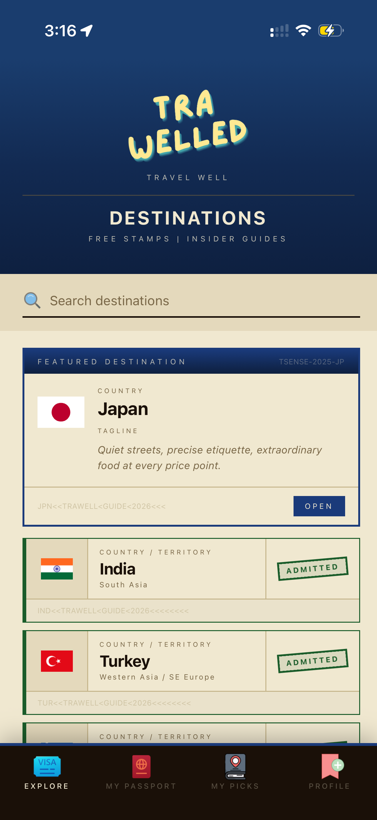 TraWelled explore screen with destination guides