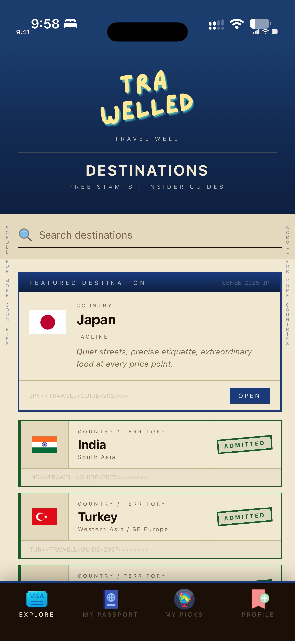 TraWelled explore screen with destination guides on iPhone