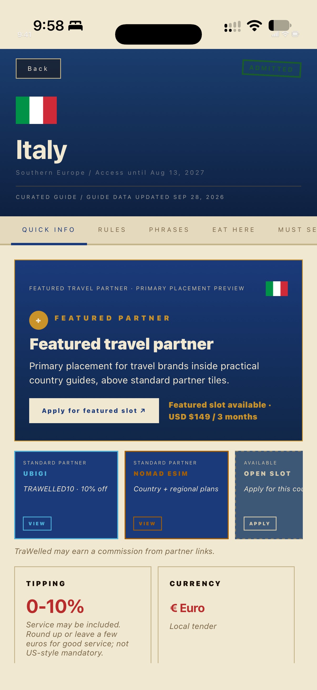 Country guide with travel partner placement