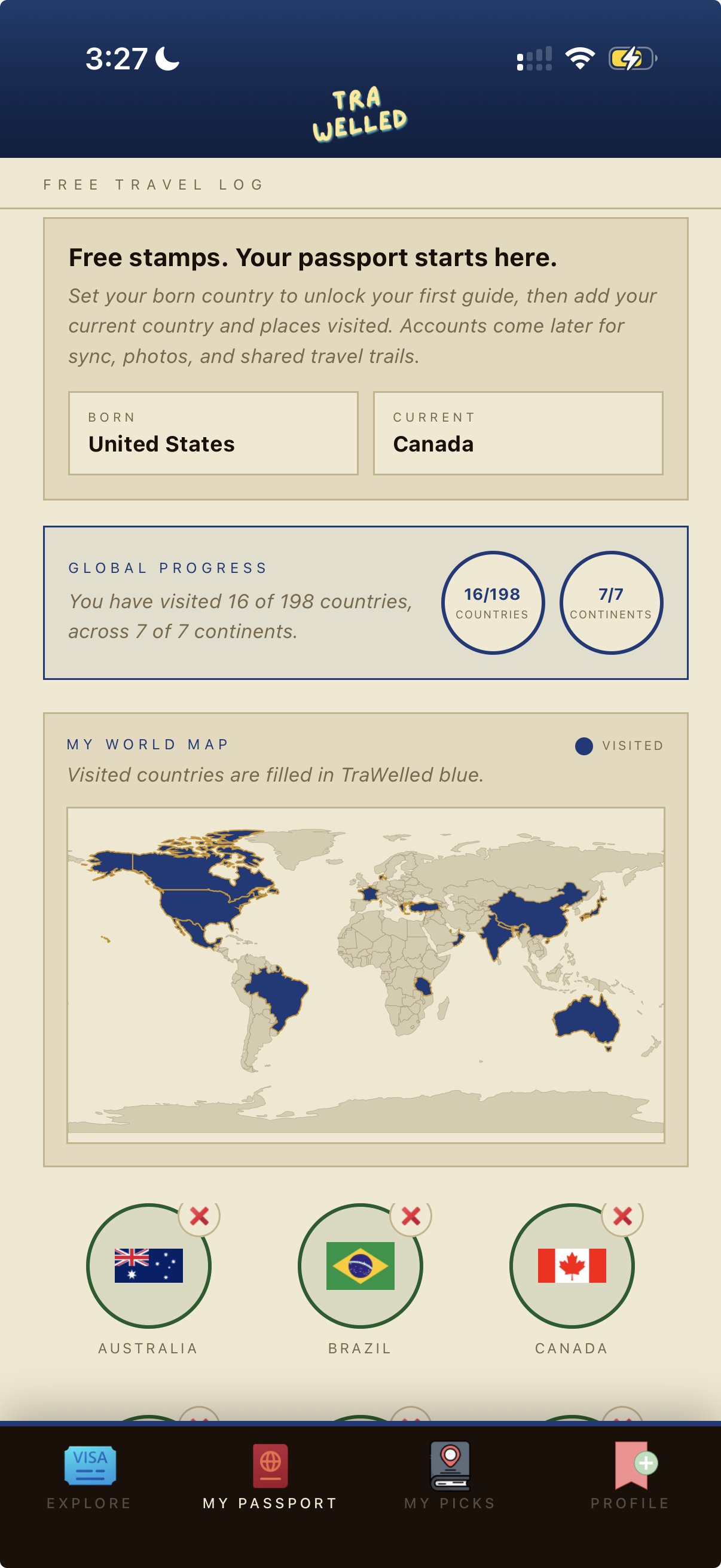 TraWelled passport map and global progress screen