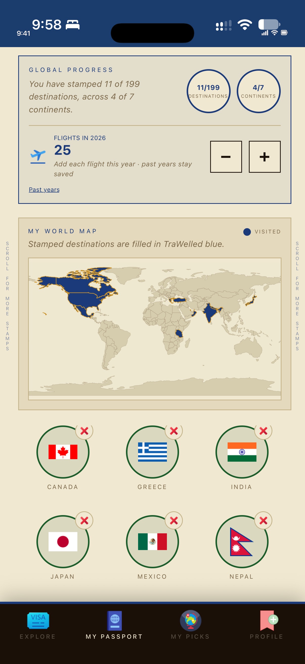 TraWelled passport map and global progress screen on iPhone