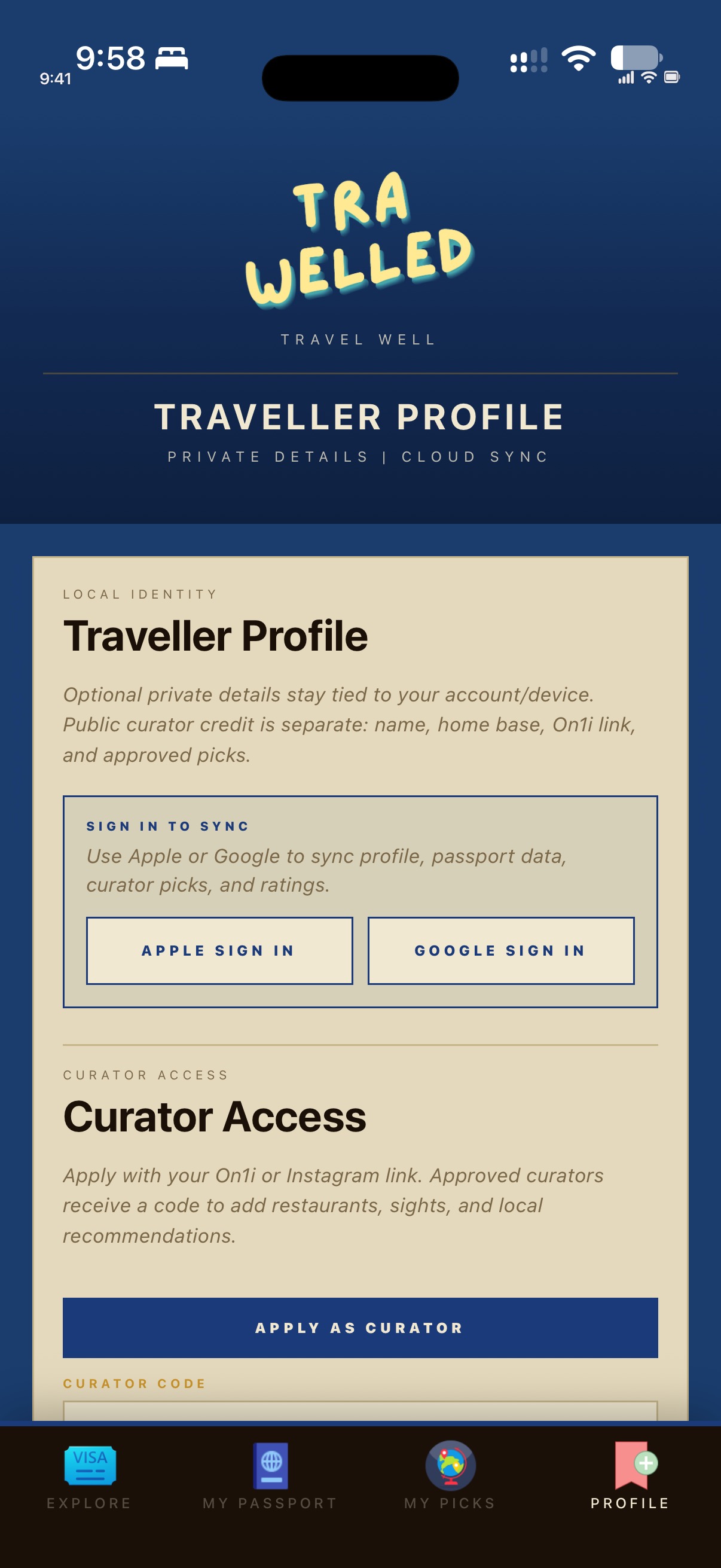 TraWelled traveller profile and sign-in screen on iPhone